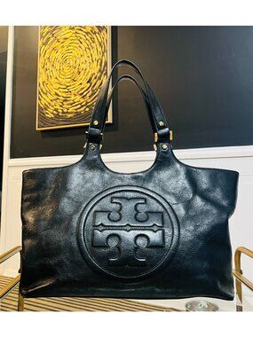 Tory Burch Black Leather Black Bombe Ella Satchel Shoulder Bag